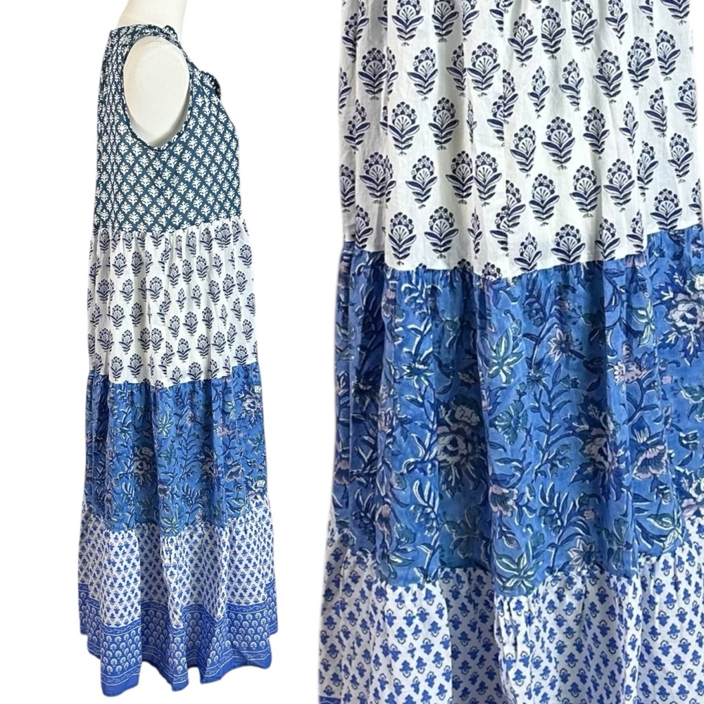 Tuckernuck Bohemian Indian Cotton Tiered Block Print Maxi Dress Medium Retro 70s - Picture 5 of 8